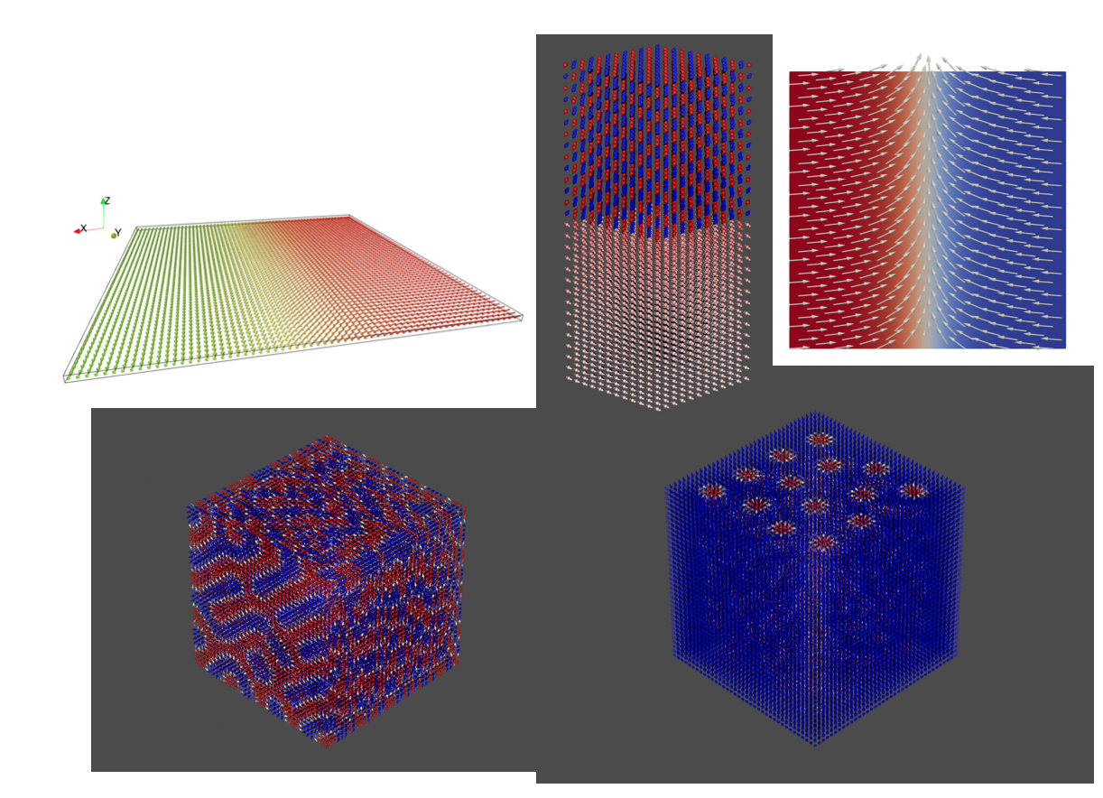 I apply micromagnetic and atomistic approaches to simulate finite size statics and dynamics of complex magnetic structures.